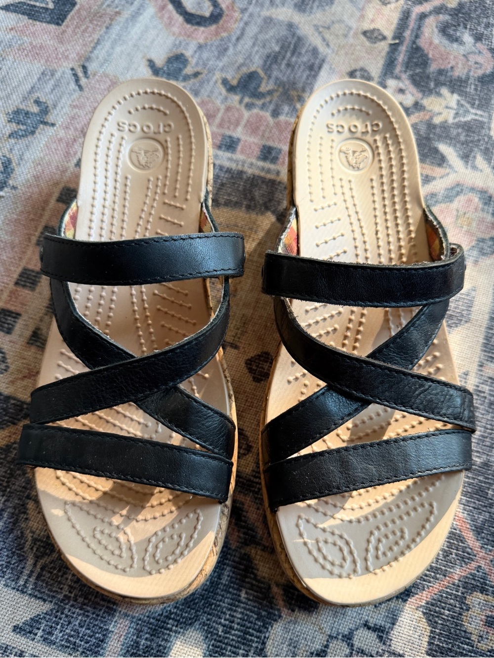 Crocs “A-Leigh” Black Leather Strap Cork Wedge Platform Sandals Size 6